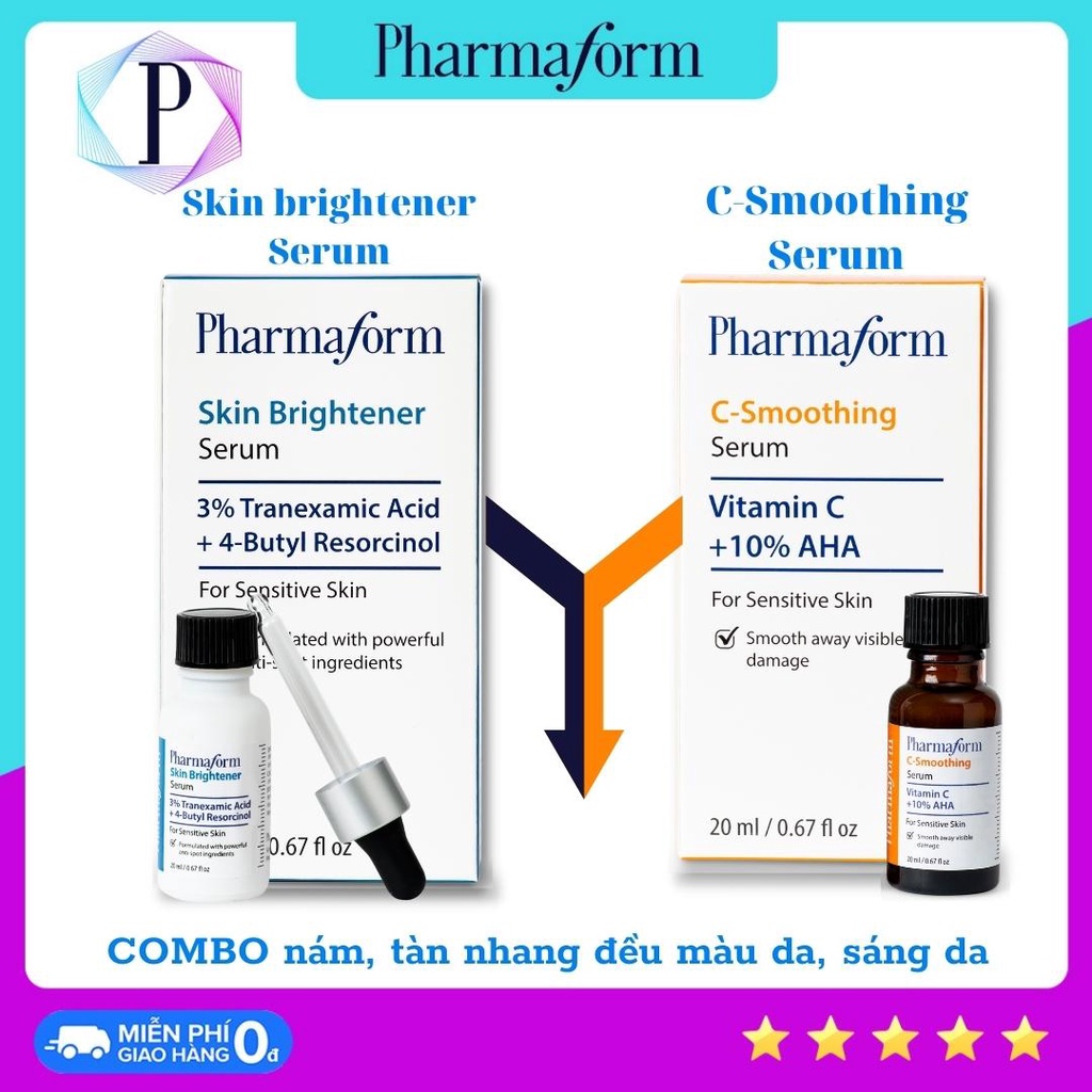 SERUM TÀN NHANG NÁM - THÂM SAU MỤN - SÁNG VÀ ĐỀU MÀU DA PHARMAFORM SKIN BRIGHTENER SERUM + C-SMOOTHING SERUM
