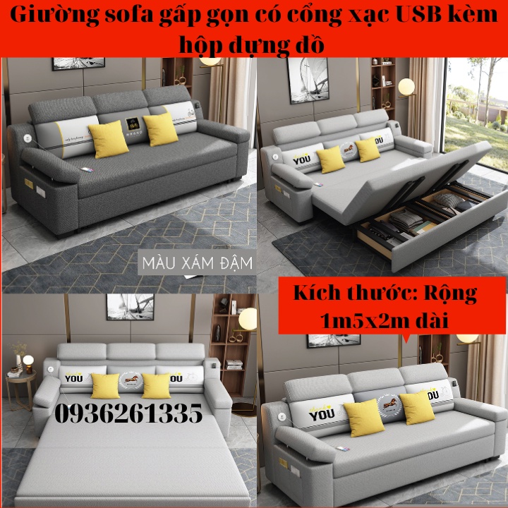 Sofa giường thông minh kèm cổng xạc USB hiện đại,Ghế sofa giường gấp gọn khung thép carbon sơn tĩnh điện,KT 1M5x2M