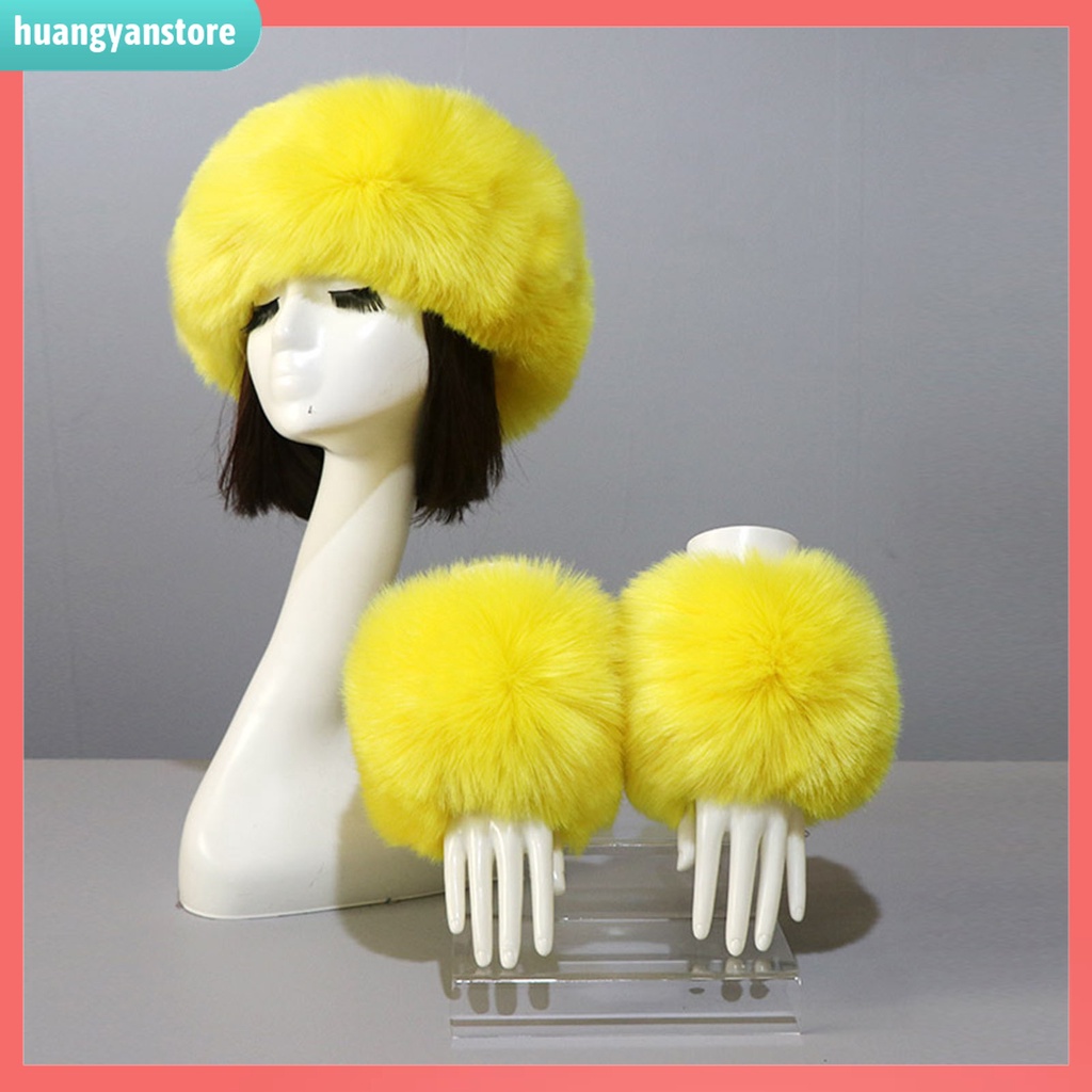 HY| 1 Set Băng Đô + Găng Tay Hở Ngón Phối Lông Giả Màu Sắc Trơn Thời Trang Cho Nữ