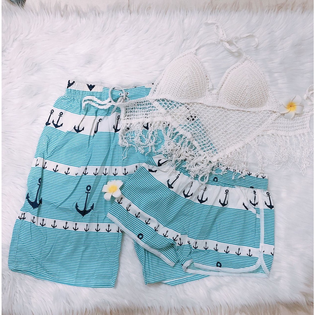 Bikini, đồ bơi nam nữ cặp đôi đi biển quần mỏ neo xanh sọc ngang trắng mix áo len trắng