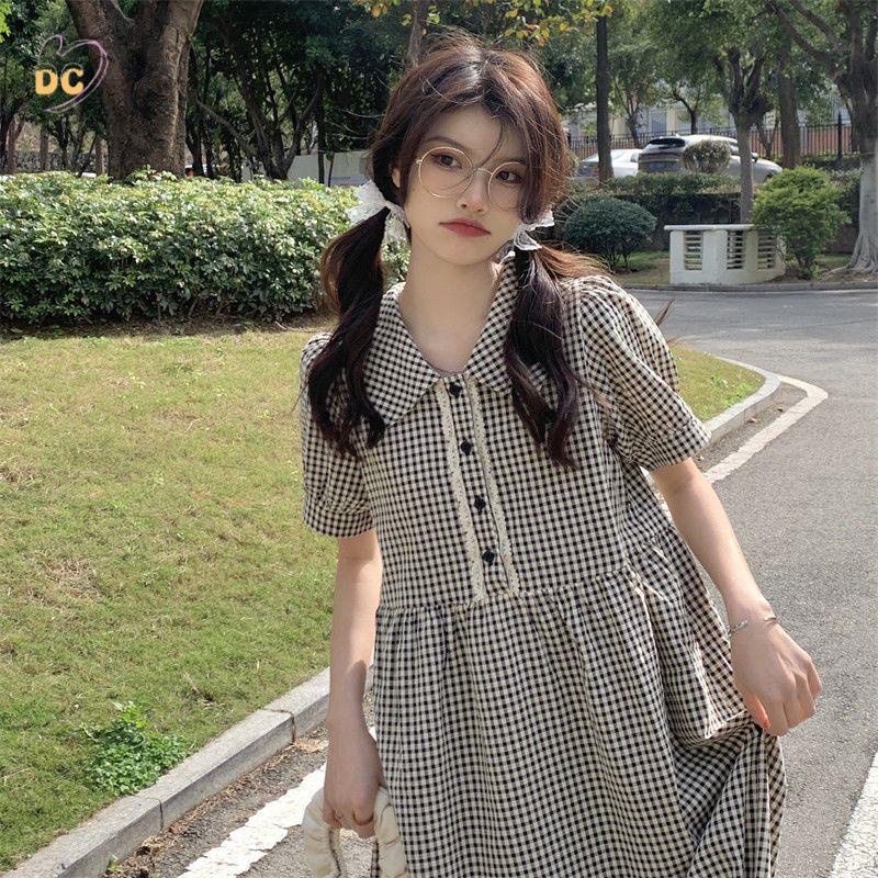 Váy babydoll Đầm Dáng Chữ A Cổ Búp Bê Họa Tiết Sọc Caro Trắng Đen Phong Cách Retro Nhật Bản