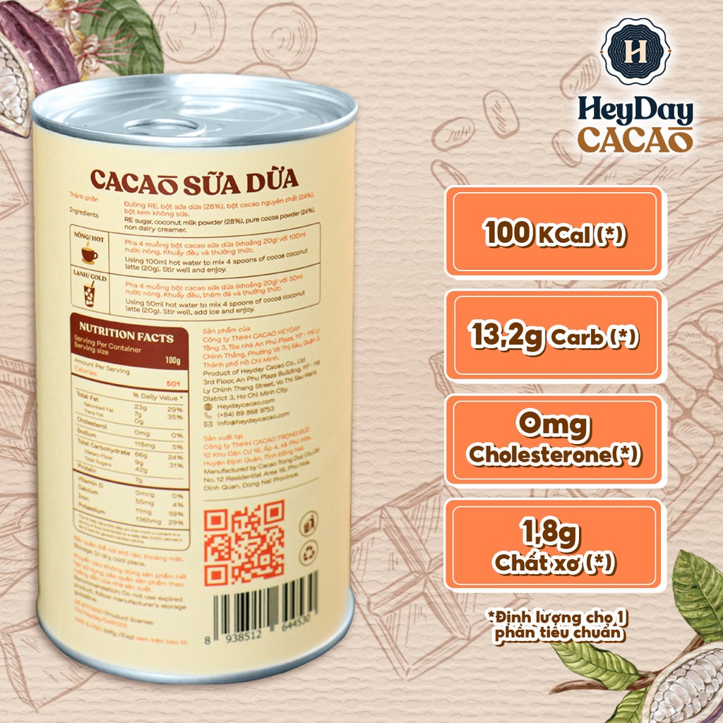 Bột cacao sữa dừa tự nhiên, thuần chay – Lon 350g – Heyday Cacao