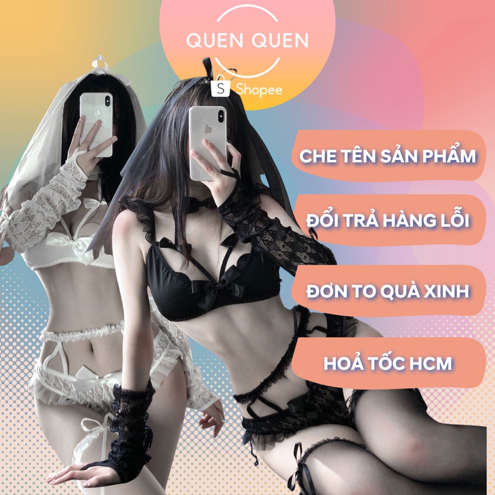 Đồ ngủ sexy nữ cosplay sexy đồ lót nữ cô dâu Quenquen Store ren, nơ màu trắng đen freesize D1