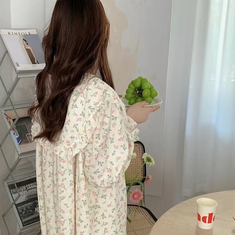 Đầm Ngủ Tay Dài Viền Bèo In Họa Tiết Hoa Hồng Ngọt Ngào Phong Cách Hàn Quốc Thời Trang Xuân Thu Mới Cho Nữ