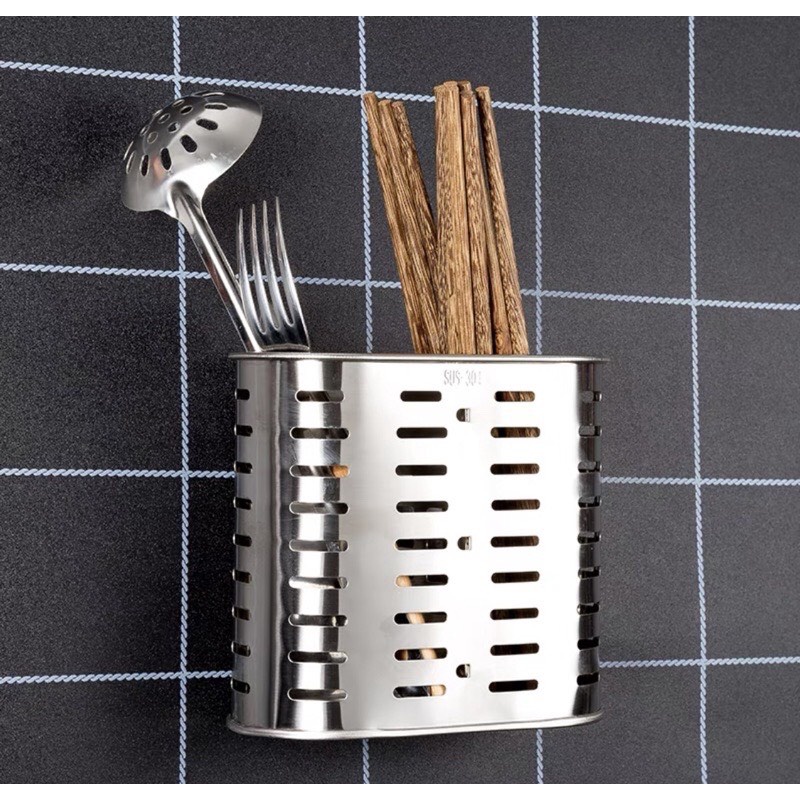 Ống cắm đũa bằng inox hình bầu dục 2 ngăn kèm miếng dán siêu chắc TH