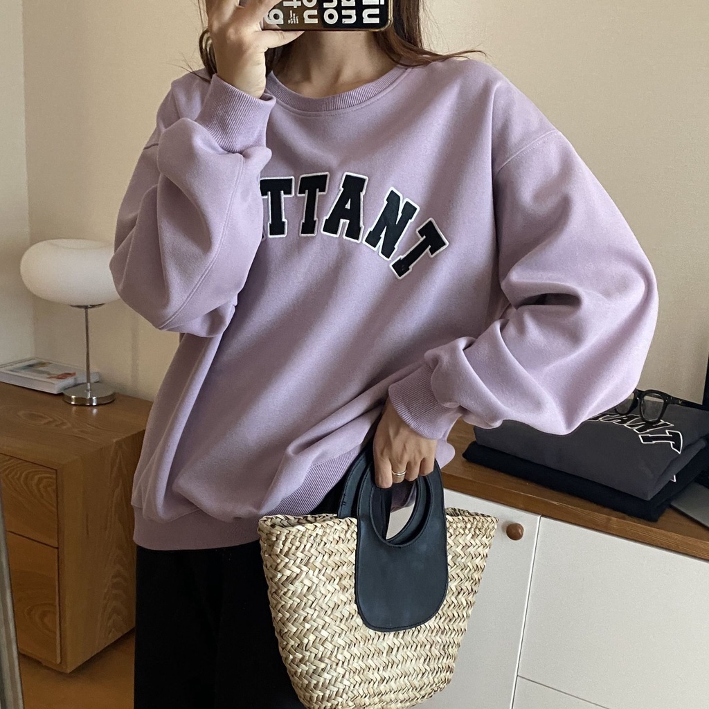 Áo Sweater In Chữ BATTANT Cực Xinh Áo Sweater Tay Bồng Chất Nỉ Ngoại Dày Dặn Form Rộng Freesize Unisex Ảnh Thật