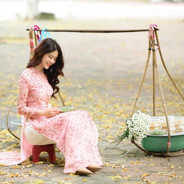 Áo Dài Hoa Nhí Vải Tơ Ép Màu Hồng + Xanh , Áo Dài Việt Chuẩn Phom Cam kết Chất Lượng