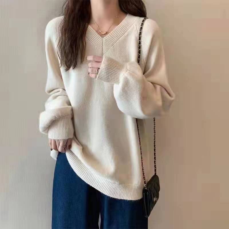 SUXI Áo Sweater Dệt Kim Tay Phồng Cổ Chữ V Màu Sắc Đơn Giản Phong Cách Vintage Hàn Quốc