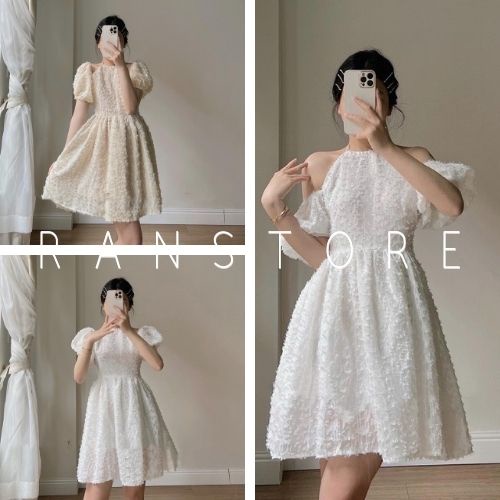 Váy cổ yếm tay bồng lông vũ mềm mại / Đầm dự tiệc nữ bo eo mặc tôn dáng 2 màu sang chảnh_ranstore