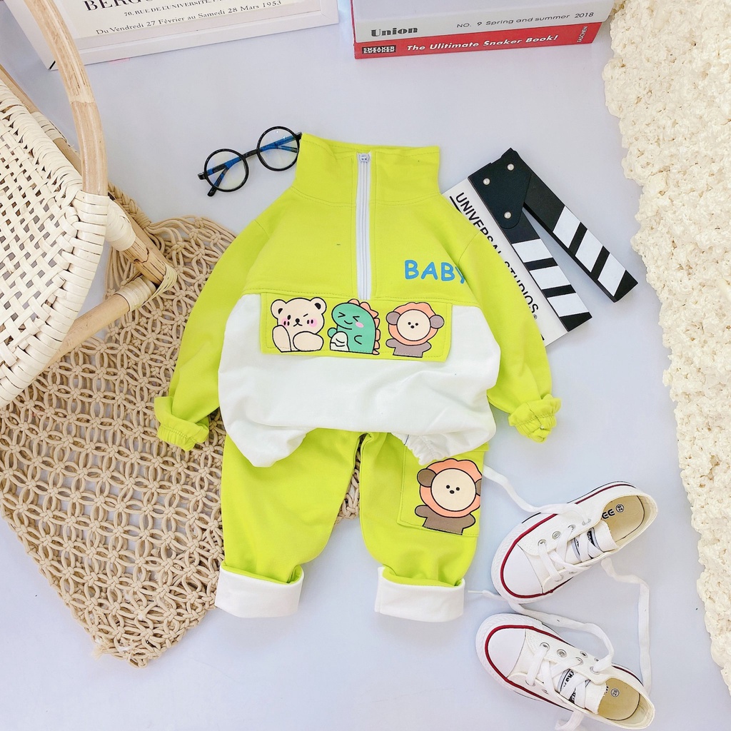 Bộ quần áo thu đông bé gái dài tay cổ cao khóa kéo, ống quần bo chun cho bé gái từ 8-18kg