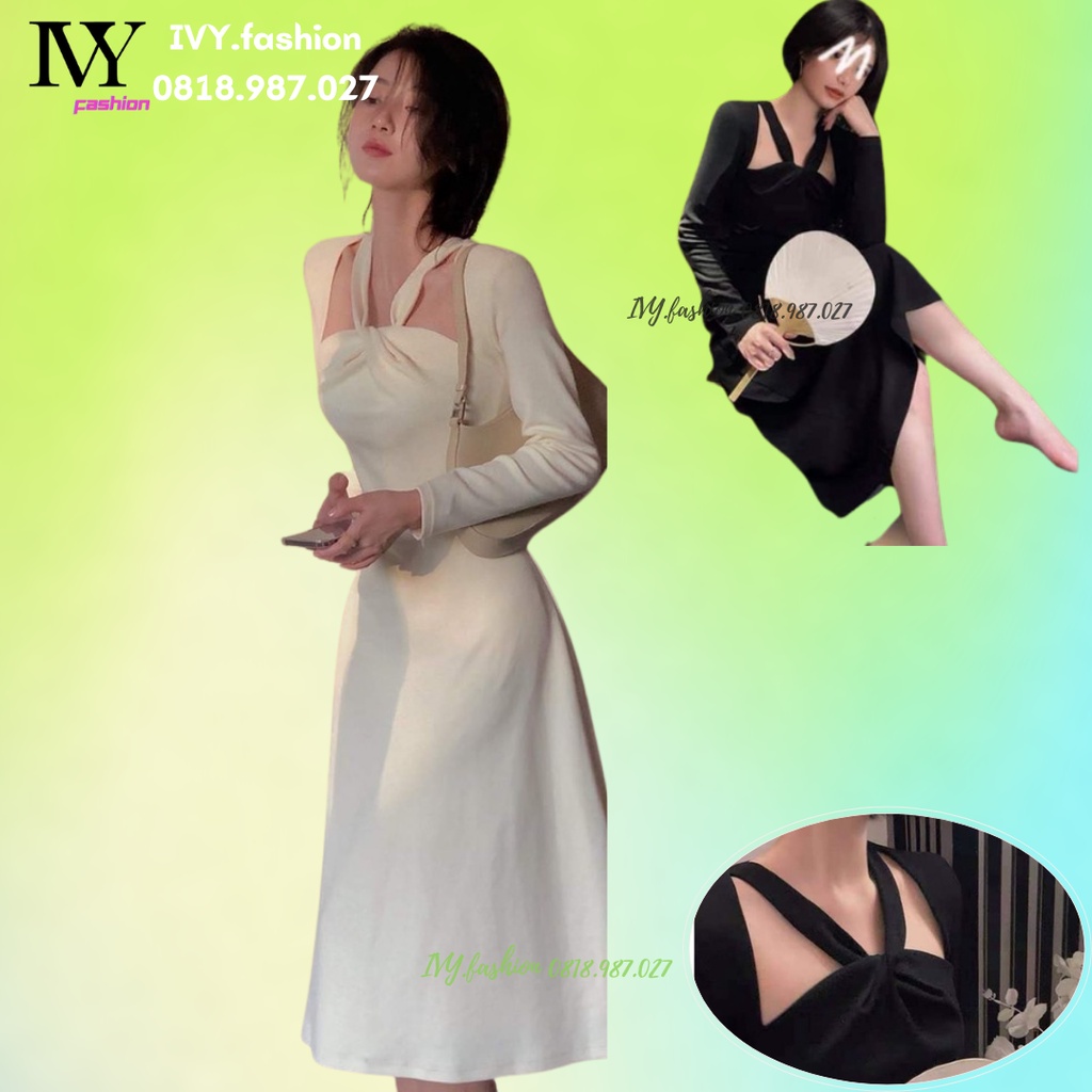 🔥40-65KG🔥 Đầm váy nữ midi xoắn 🔥len thun Hàn Quốc🔥 cổ tay dài cổ yếm đen trắng nude kem đi biển dự tiệc dạo phố bigsize