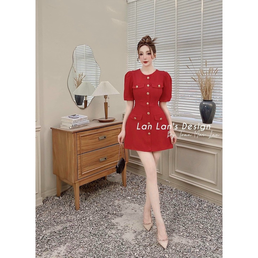 Đầm váy nữ dự tiệc sang trọng họa tiết đính nút 5 màu tôn da quý phái siêu xinh thanh lịch