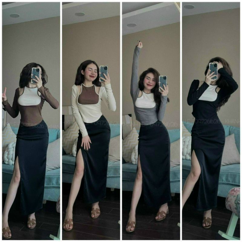 Áo yếm tay dài phối kiểu 2 màu A15