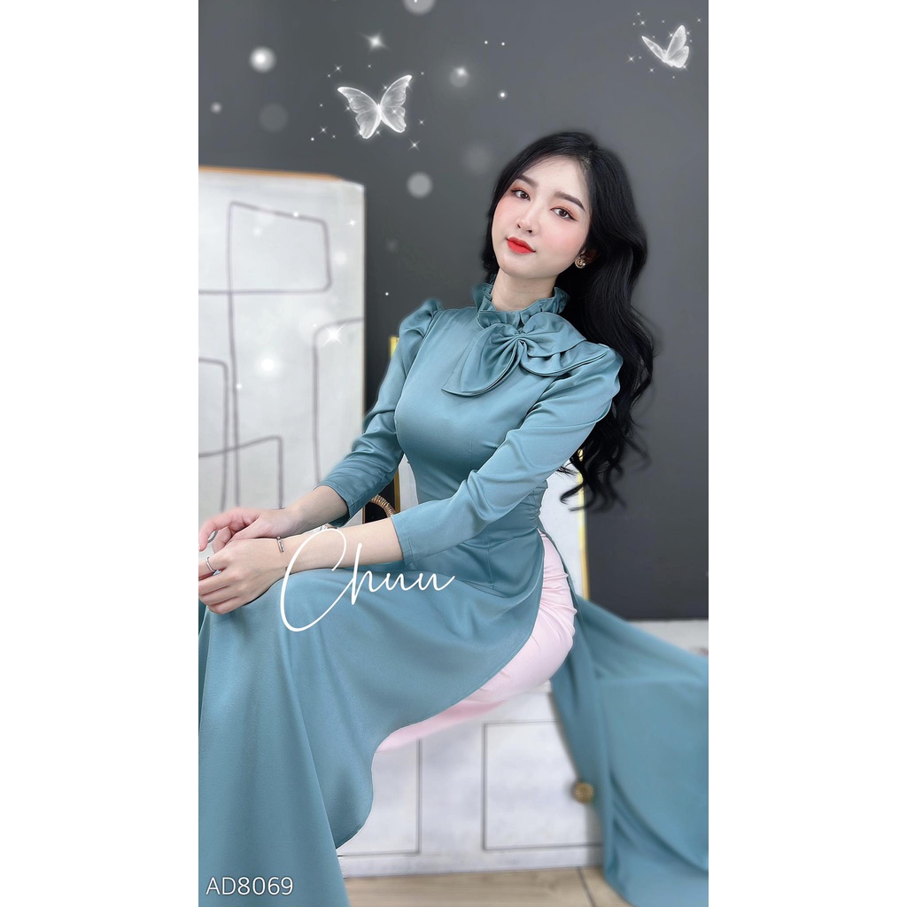 Áo dài cách tân nữ lụa ánh nhung cổ đính hoa tay bồng CHUU AD8069 - không kèm quần