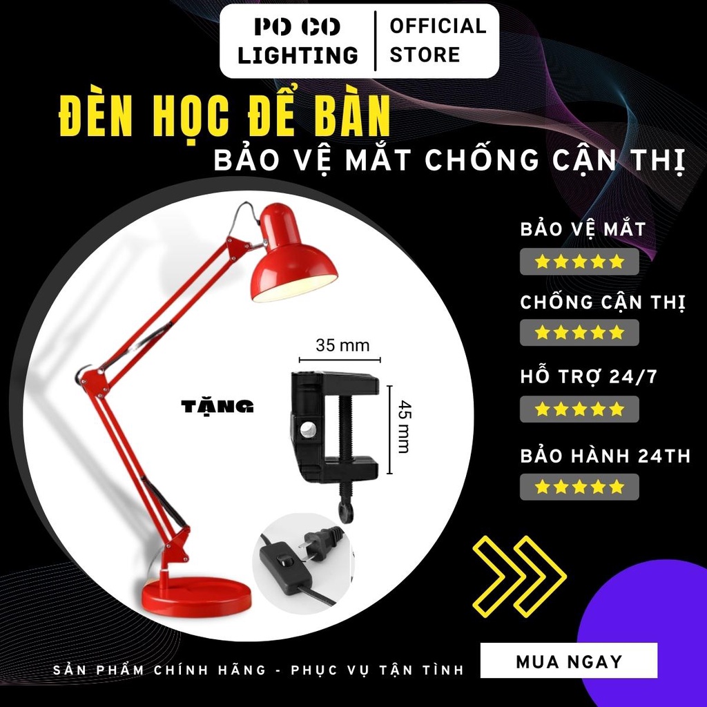 Đèn Học Để Bàn POCOLIGHT. Tặng Kèm Chân Kẹp Bàn Tiện Dụng và Bóng Led Chống Cận