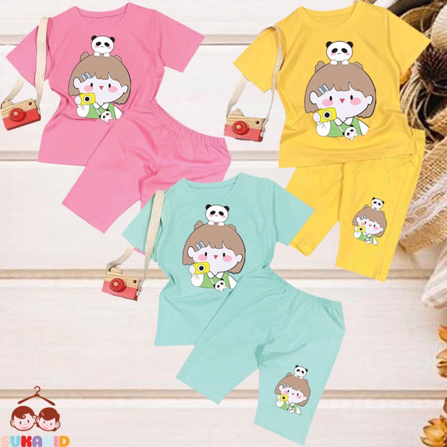 ( Km ) Combo 3 Đồ bộ tay ngắn quần lửng hình bé gái gấu cho be từ 6kg-29kg.BDBG63.