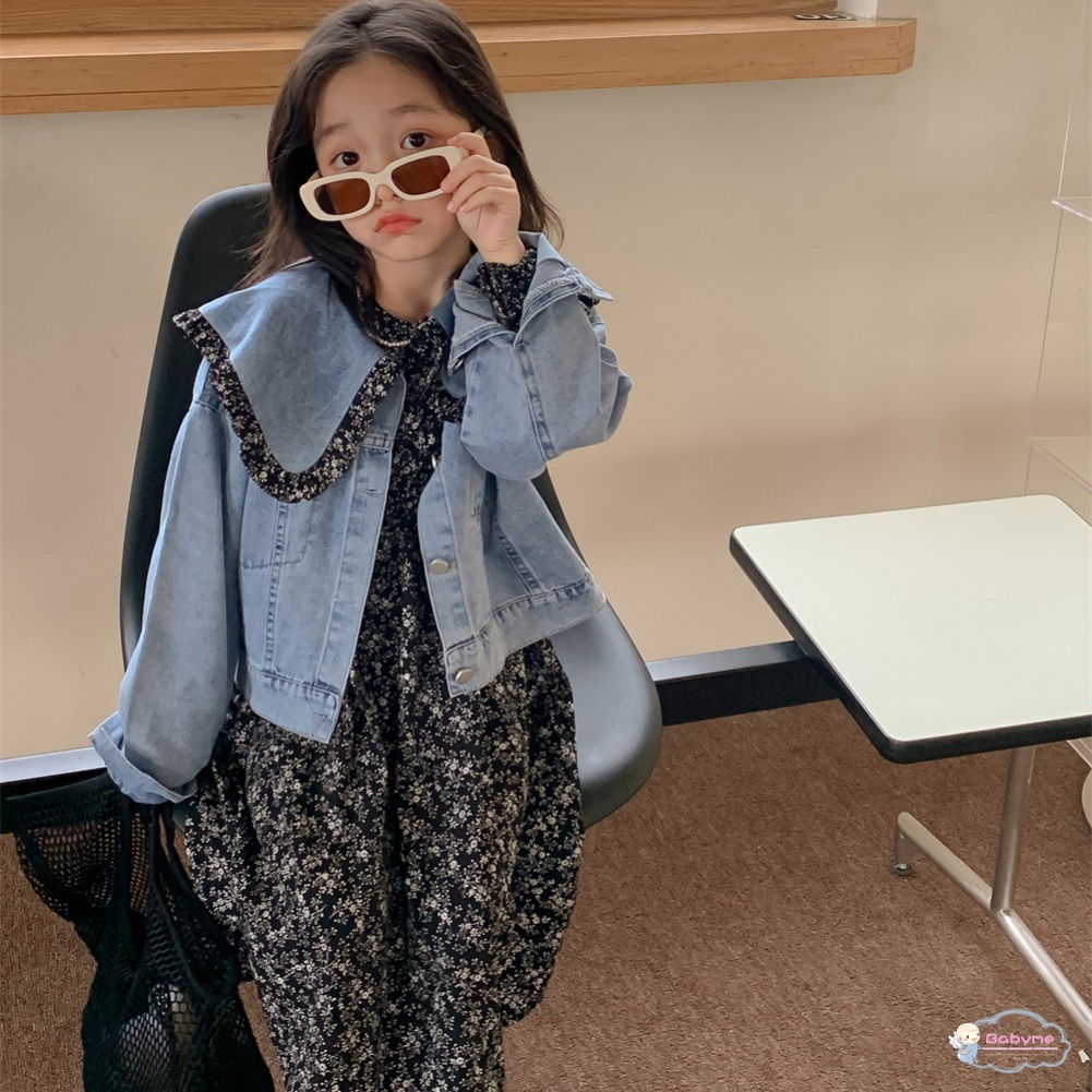 Bộ 2 Món Áo Khoác Denim + Đầm Hoa Cổ Bẻ Thiết Kế Dễ Thương Cho Bé Gái