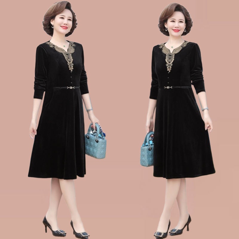 Váy Nhung Đỏ Nữ Đầm Nhung Dài Qua Gối Tay Dài Phong Cách Mới Xuân Thu Cho Phụ Nữ Trung Niên