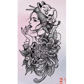 Hình xăm nhật nữ đeo mặt nạ Kitsune men cáo hoa bỉ ngạn Okame 1860 d2 2