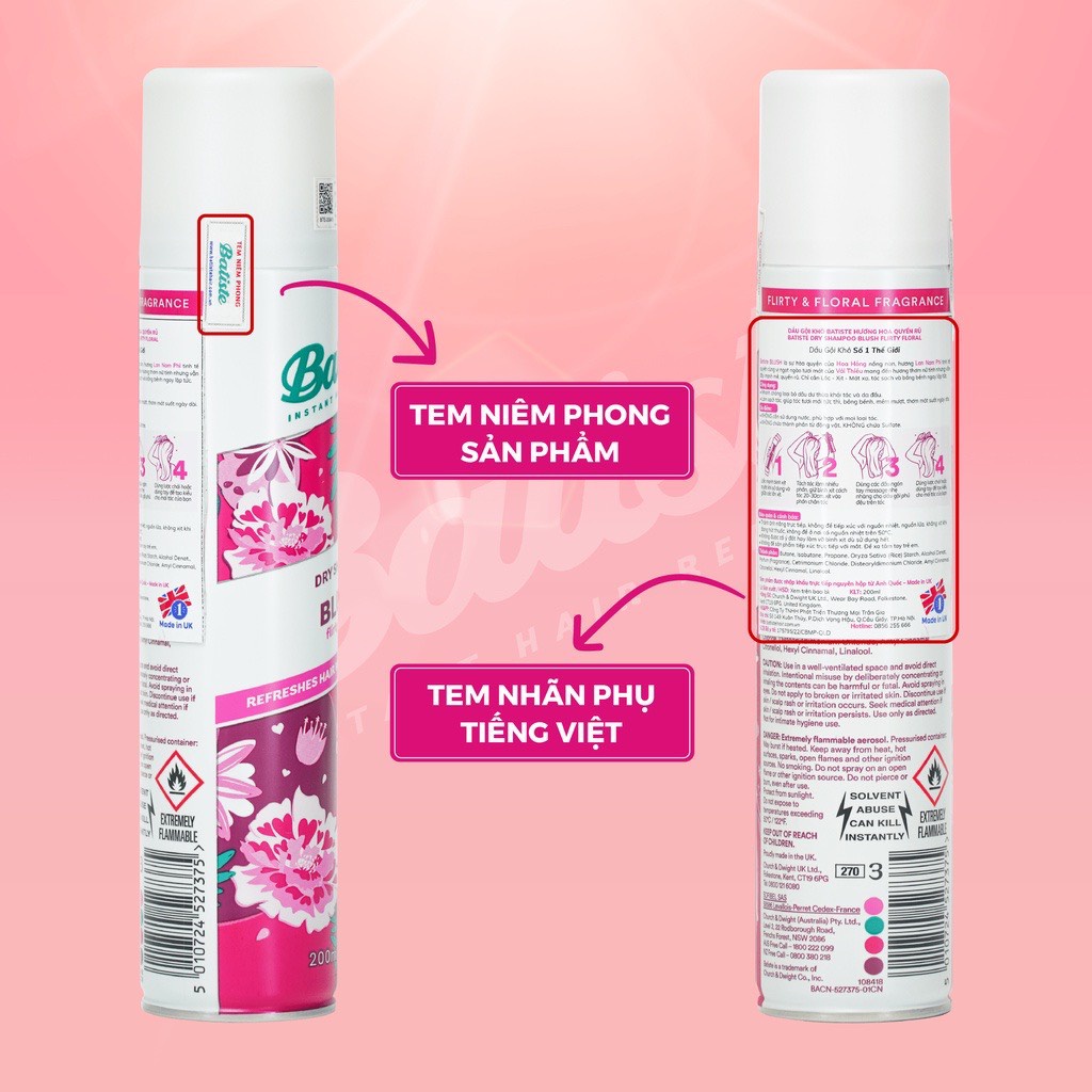 Dầu Gội Khô Batiste Anh Quốc Dry Shampoo Mini Size 200ml Hết Ngứa, Hết Bết Dính Tóc Bồng Bềnh Bóng Mượt Tức Khắc