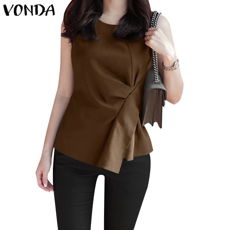 Áo kiểu VONDA cổ tròn sát nách màu trơn có khóa kéo phía sau thời trang dành cho nữ