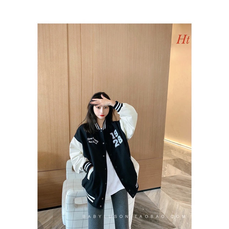 Áo Khoác Bomber phối tay 1928 Siêu Dày Áo Khoác tay phối Unisex Form Rộng Nam Nữ