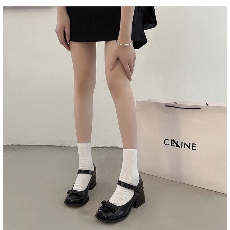 Giày cao gót Lolita mũi tròn đính nơ 7,5cm Giày Mary Jane