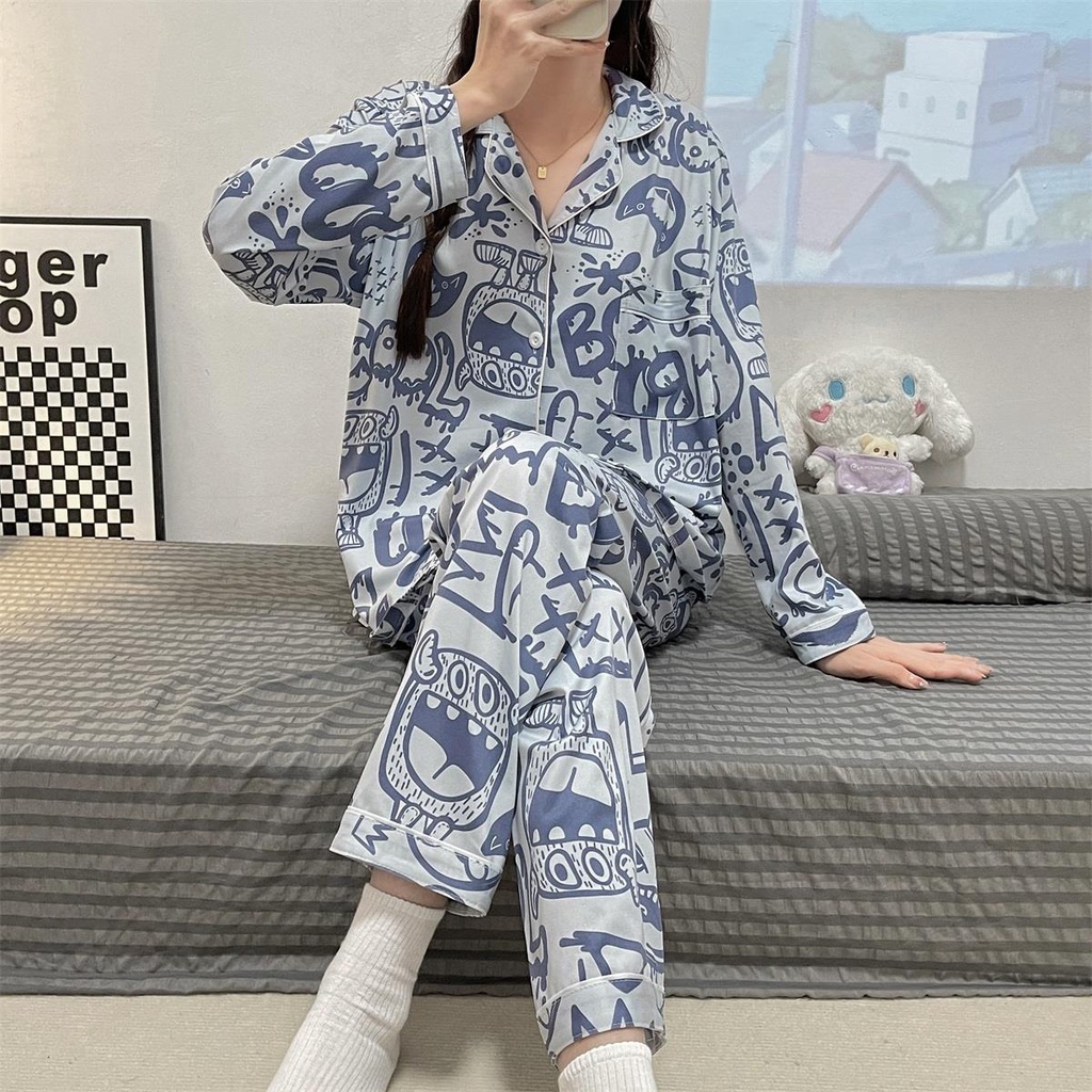 Bộ Đồ Ngủ Tay Dài Dáng Rộng Phong Cách Hàn Quốc Thời Trang Xuân Thu Chất Lượng Cao Cho Nữ La115
