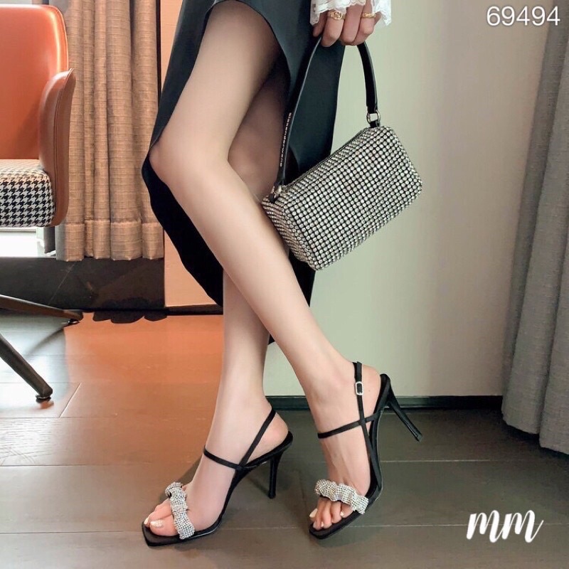 Sandal cao gót nữ quai ngang rúm đính hạt xuất dư Full box MS-2777
