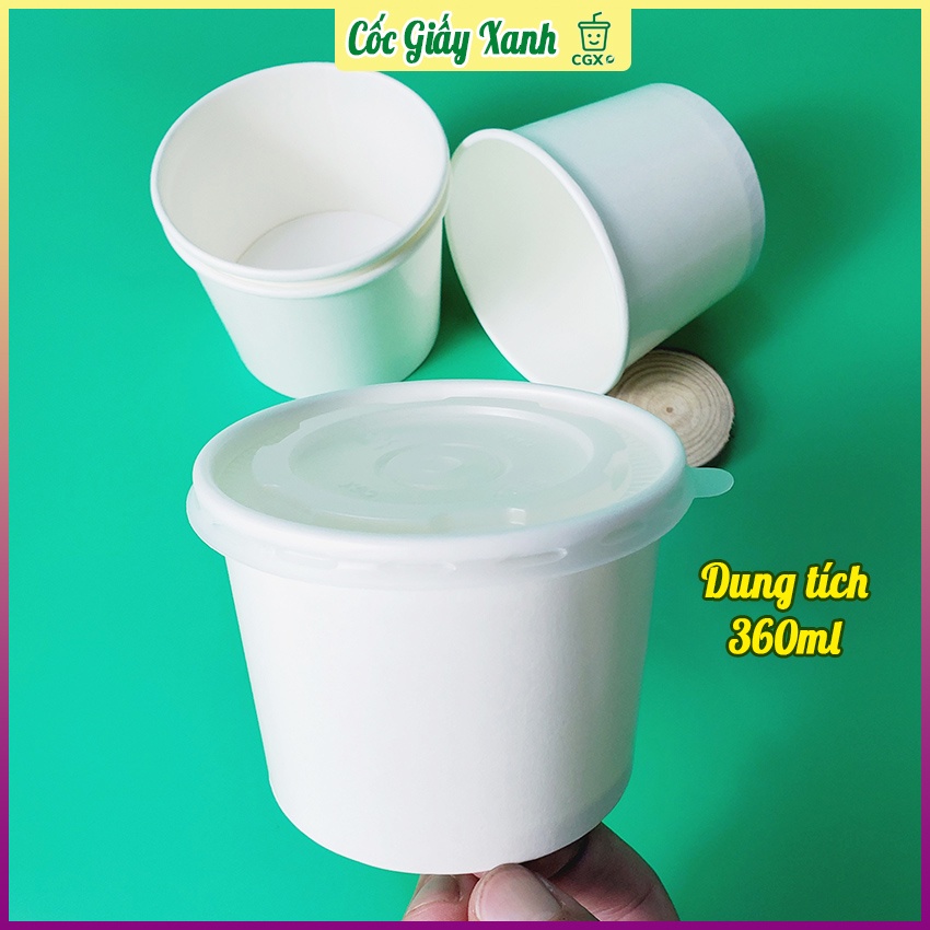 Set 50 Tô Bát Giấy 360ml Có Nắp Trắng Trơn, Dùng 1 Lần, Giấy 2 Lớp PE