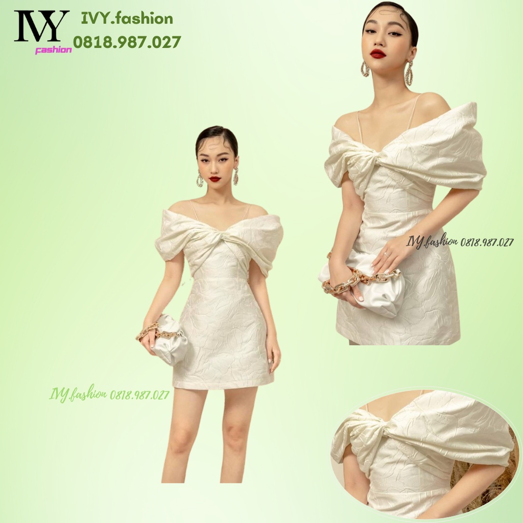 Đầm váy thiết kế 🔥gấm hoa cao cấp🔥 trắng hai dây trễ vai xòe chữ A nơ ngực ivy.fashion đi biển dự tiệc dạo phố