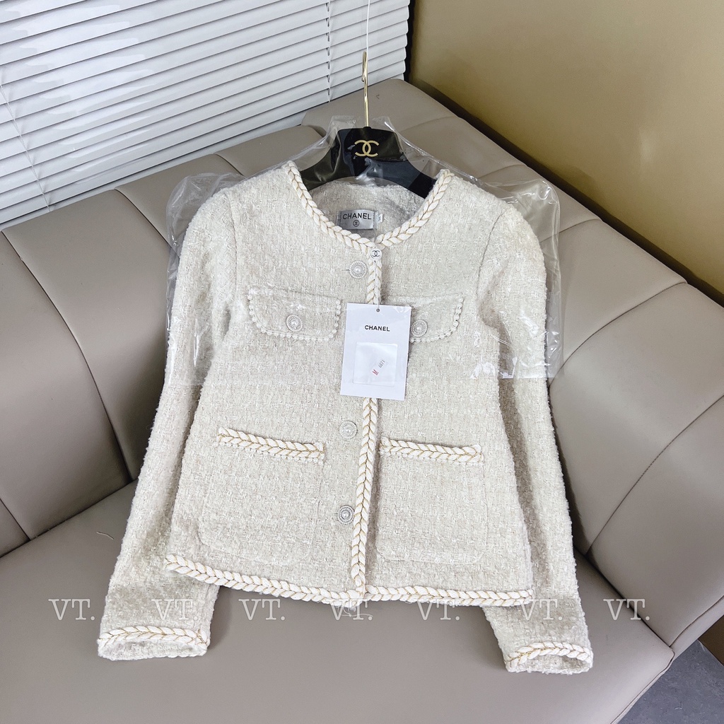 Áo khoác dạ Tweed viền ngọc Quảng Châu Cao cấp 3 màu xanh, hồng, kem