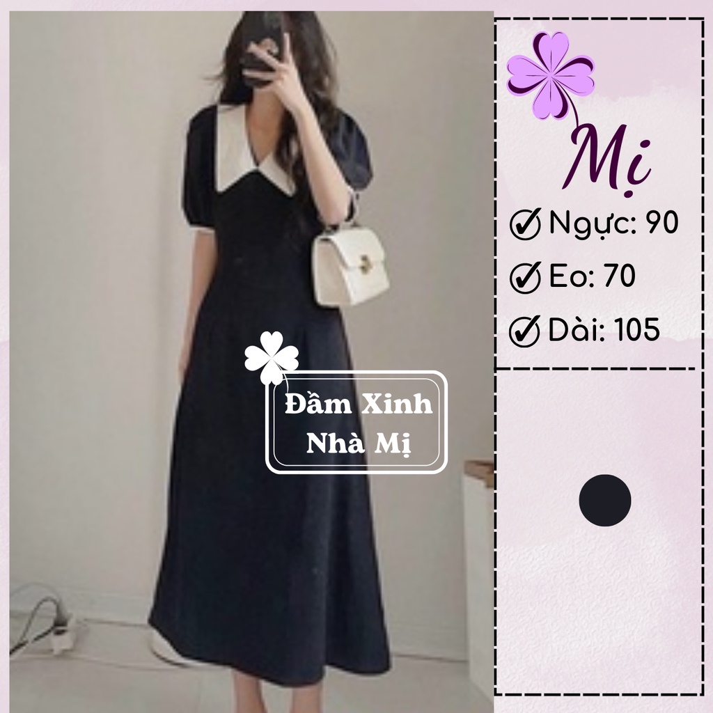 (Hình Thật) Đầm Đi Chơi Tay Bồng Cổ Lá Sen Tinh Tế, Đầm Đi Làm Dáng Chữ A Dài Qua Gối Thanh Lịch Màu Đen