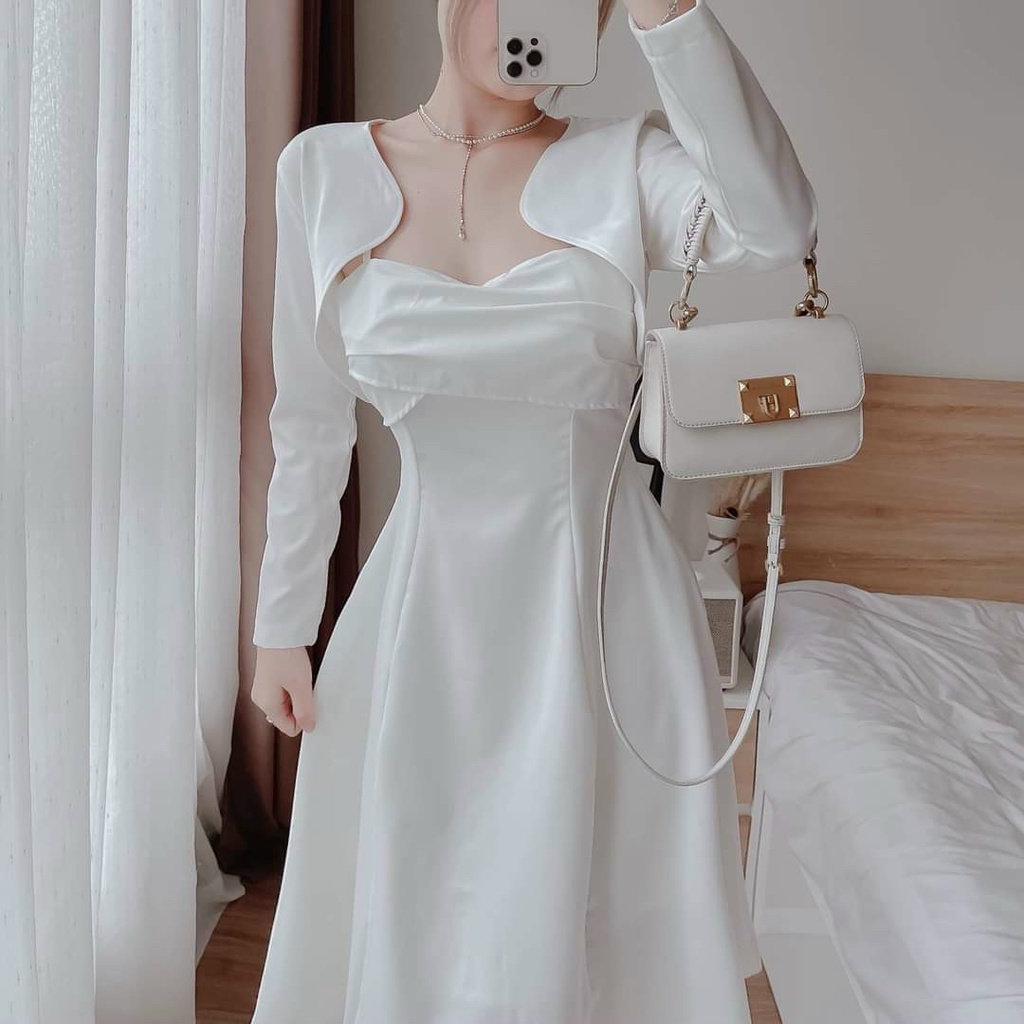 Set đầm xòe hai dây có mút và áo khoác