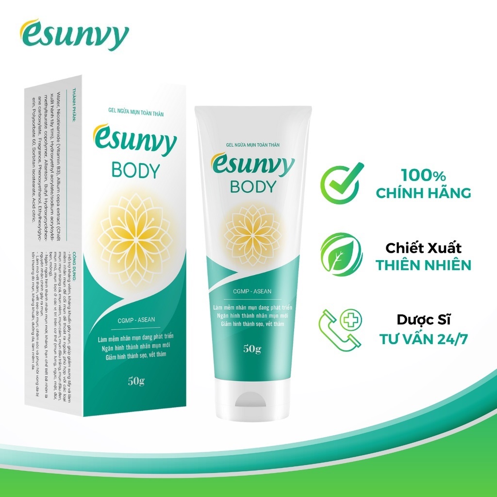 Gel Giảm Mụn Toàn Thân Esunvy Body Giúp Sạch Mụn, Hết Thâm, Mờ Sẹo Dùng Cho Mọi Loại Da Tuýp 50g TPE012