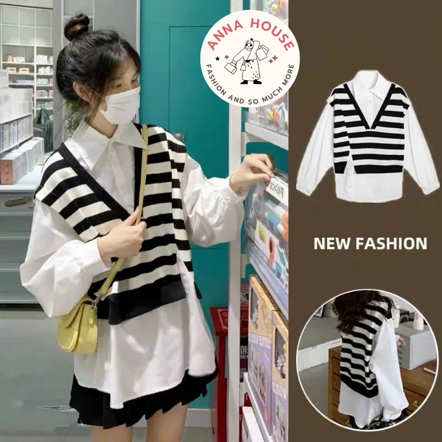 Áo sơ mi trắng dài tay phối gile kẻ sọc đen may liền form rộng oversize, Áo kiểu Sơ mi nữ dáng rộng kèm gile kẻ