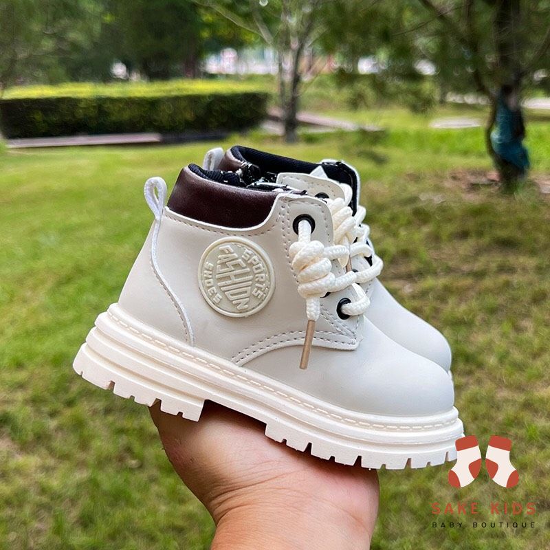 Giày bốt cao cổ cho bé trai bé gái, Bốt trẻ em da mềm mại đế cao su chống trơn phối dây buộc dễ thương mới nhất M333