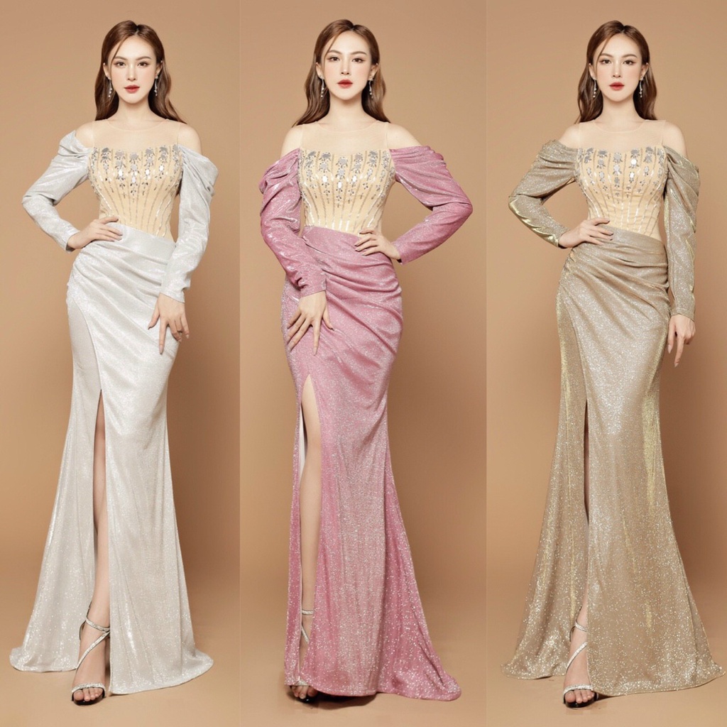 Đầm dạ hội rớt vai tay dài đá gương - YB220922