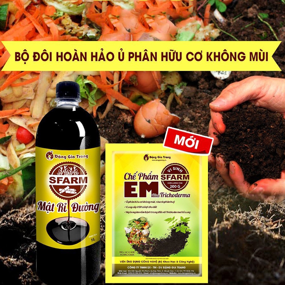 COMBO CHẾ PHẨM EM SFARM 200G VÀ MẬT RỈ ĐƯỜNG SFARM 1L Ủ PHÂN KHÔNG MÙI