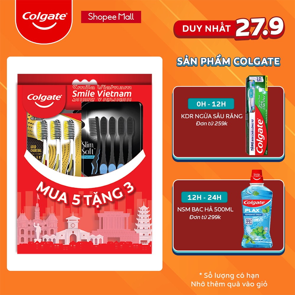 Bộ 5 Bàn chải đánh răng Colgate than hoạt tính kháng khuẩn SlimSoft Charcoal mềm mảnh tặng 3 Bàn chải