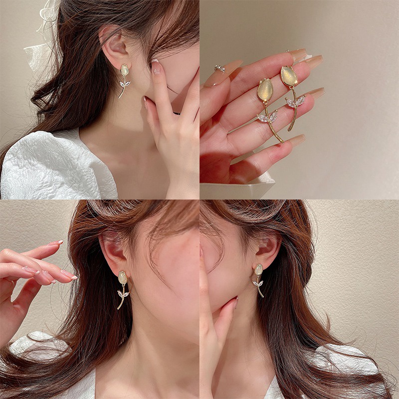 Bông Tai Mạ Bạc Hình Hoa Tulip Đính Đá Opal Sang Trọng Phong Cách Hàn Quốc