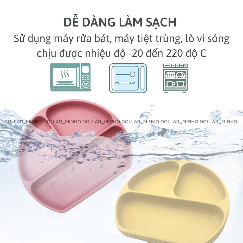 Khay ăn dặm 3 ngăn có đế hít chống đổ bằng silicon cho bé ăn dặm