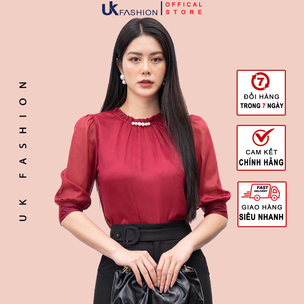 Áo Sơ Mi Tay Lỡ Công Sở Nữ Thời Trang UK Fashion Cổ Đính Ngọc Điệu Đà, Vải Nhập Hàn Cao Cấp Mềm Mại NKSM2202003