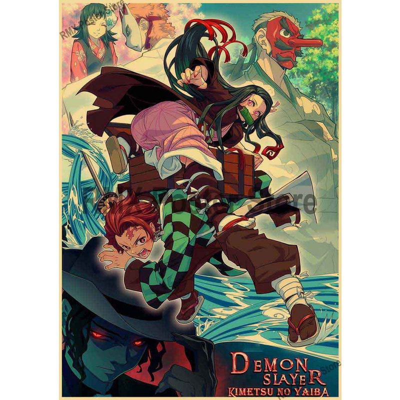 Poster Phim Demon Slayer Dán Tường Trang Trí Phong Cách Retro