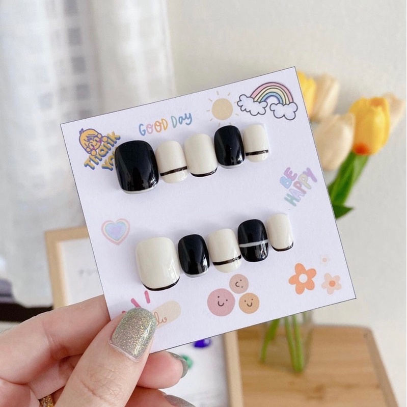 Nailbox Hely - Móng úp tự gắn Tông màu trơn đen trắng, hoạ tiết đường kẻ, fen móng, hiện đại, basic