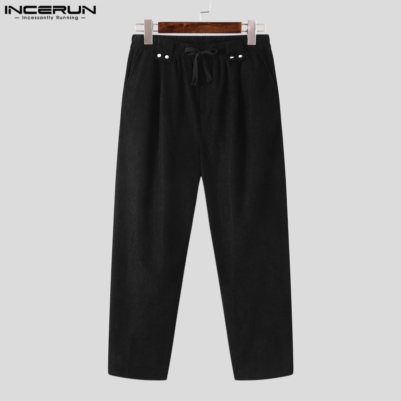 Quần dài INCERUN ống rộng lưng thun vải nhung kẻ thời trang dành cho nam