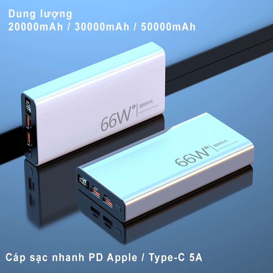 Sạc dự phòng siêu nhanh 66W, dung lượng lớn 20000mAh 30000mAh 50000mAh 3 đầu ra cáp Type-C, Sạc Nhanh PD20W