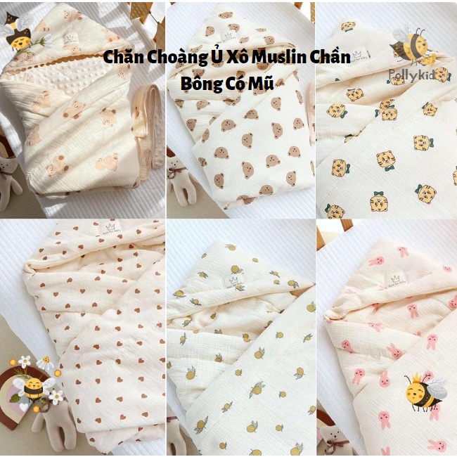 Ủ Xô Muslin Chần Bông Cao Cấp Có Mũ Siêu Mềm, Ấm Cho Bé Sơ Sinh Hàng Loại 1 POLLY KID SP225