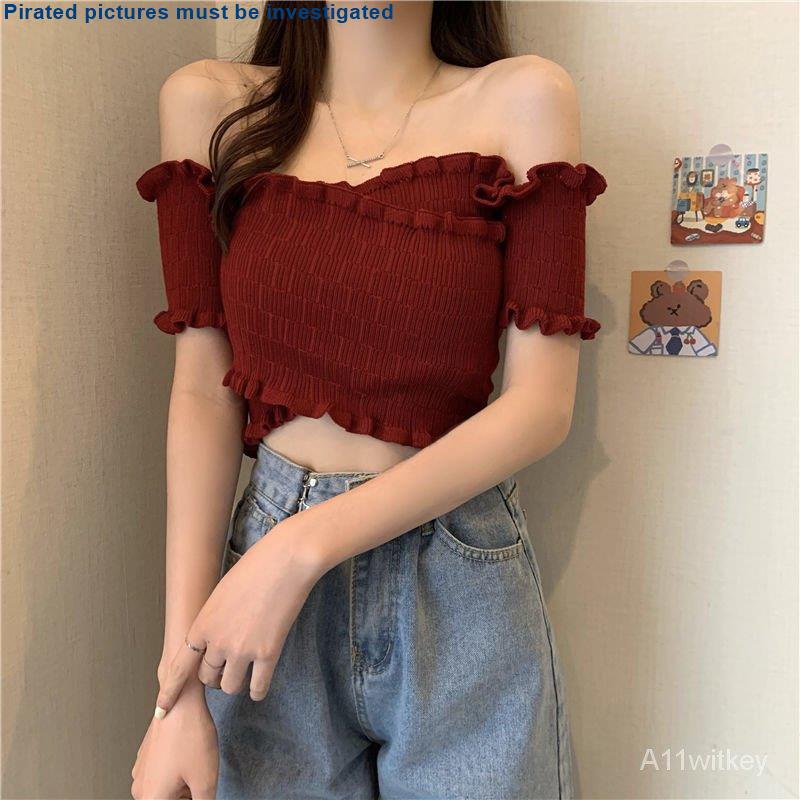 Áo Sweater Mỏng Mùa Hè Tay Cộc Lệch Vai Ôm Dáng Phong Cách Hàn Quốc Cho Nữ Mã 2021