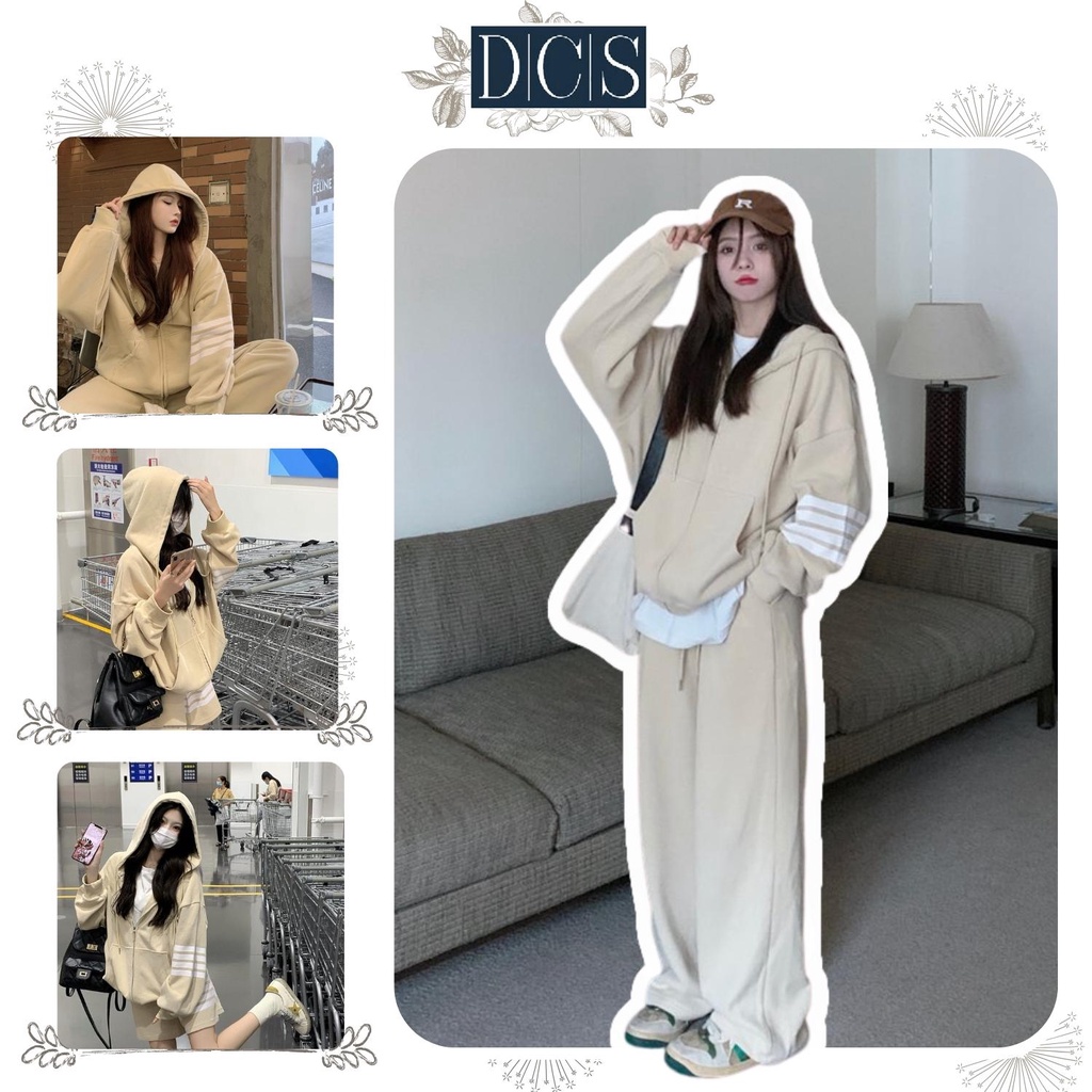 Sét bộ áo khoác nỉ hoodie nam nữ Thome Browne khóa kéo có mũ tay phối sọc trắng kèm quần cạp chun dày dặn Xưởng May DCS